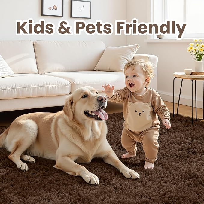 8x10 Fluffy Shag Area Rugs for Living Room Bedroom: Soft Plush Carpet Brown | - Image 4
