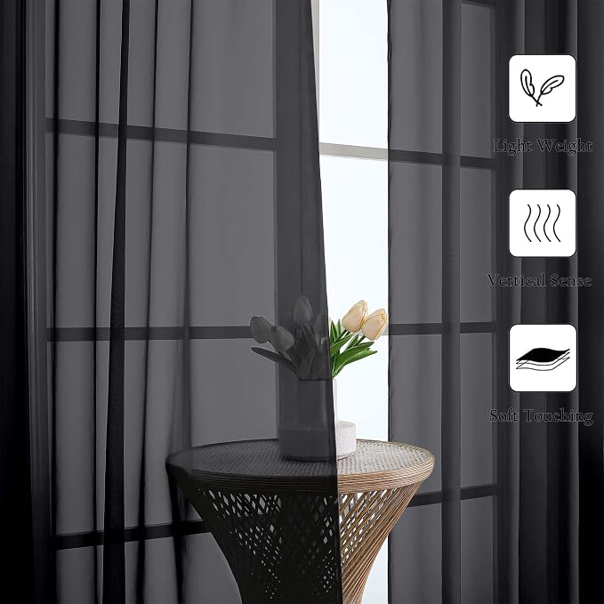 Black Sheer Curtains 63 Inch Length 2 Panels, Voile Light Filtering Living Room - Image 6