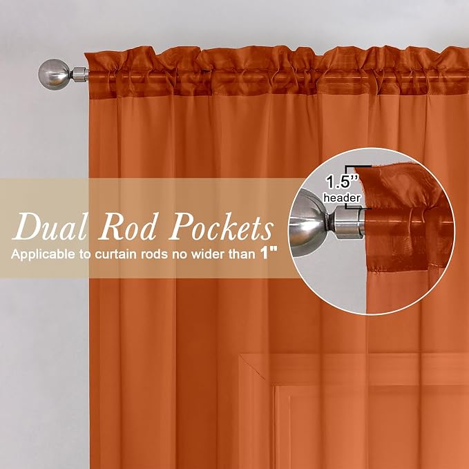 Orange Sheer Curtains 72 Inches Long 2 Panels, Rod Pocket Voile Light Filtering - Image 2