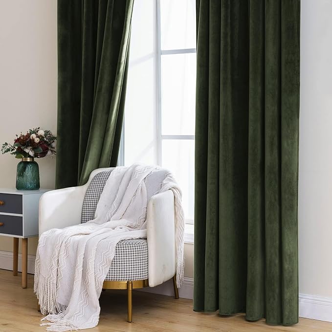 MIULEE Velvet Curtains 52x90 inches 2 Panels Olive Blackout Curtains | Luxury - Image 7