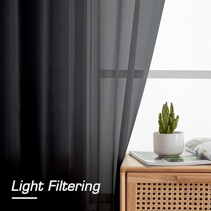 Simplebrand Black Sheer Curtains 96 Inches Long, Light Filtering Rod Pocket - Image 3