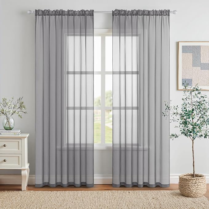 MIULEE Charcoal Grey Sheer Curtains 54 X 96 Inches, 2 Panels | Solid Color by MIULEE