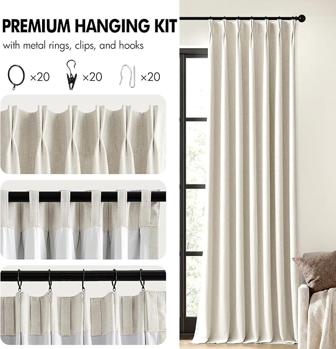 MIULEE Natural Pinch Pleated 100% Blackout Linen Curtains 40x90 Inches | Room - Image 8