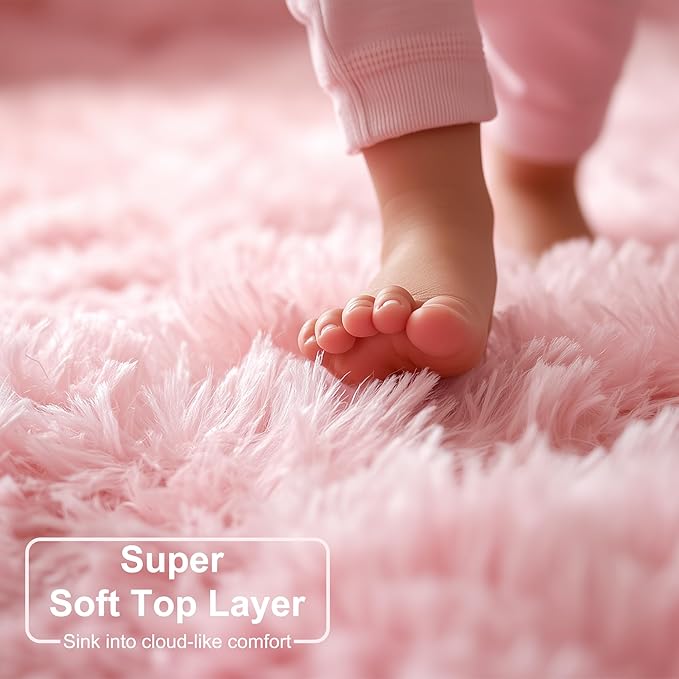 Amdrebio Pink Circle Round Fluffy Area Rug 4Ft - Image 4