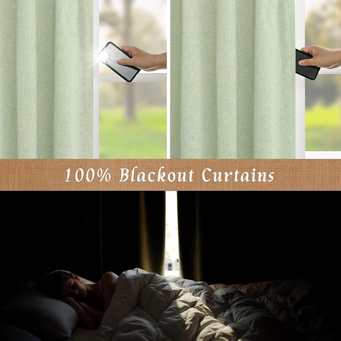 Light Green 100% Blackout Linen Curtains 80 Inches - Image 3