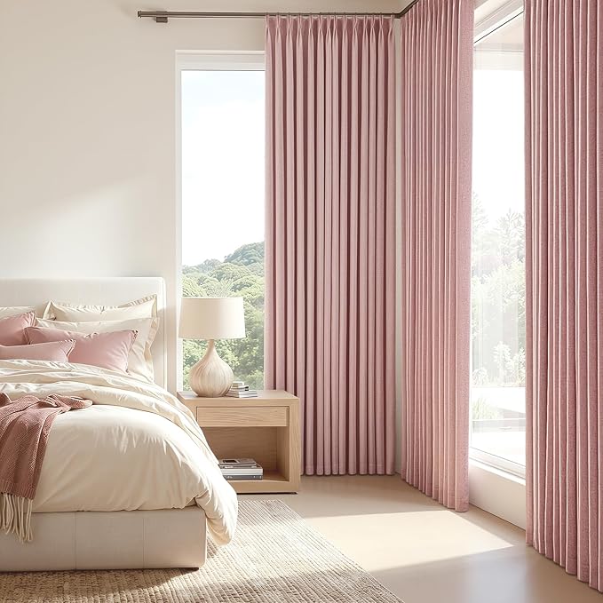 MIULEE Pink Pinch Pleated 100% Blackout Linen Curtains 40x102 Inches | Room - Image 2