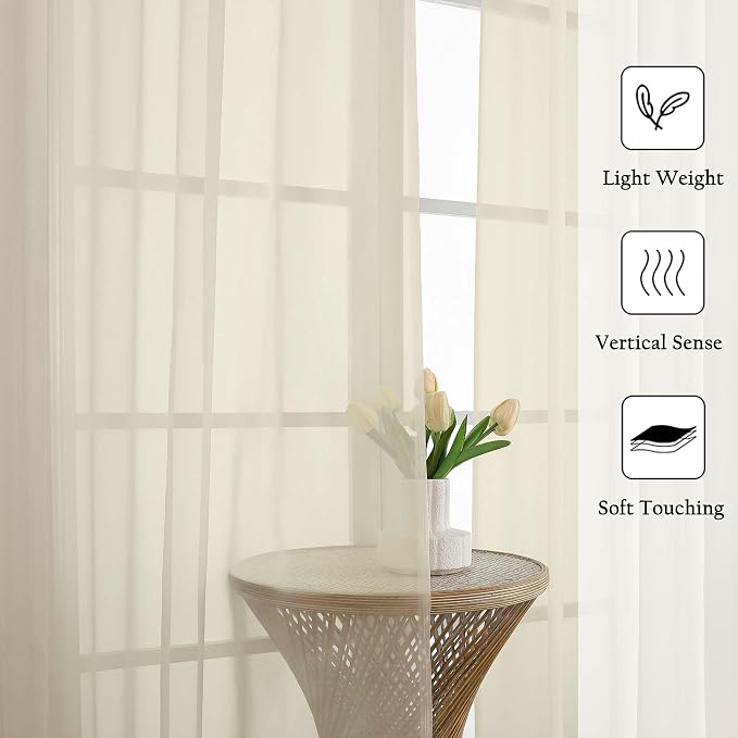 Cream Sheer Curtains 120 Inches Long 2 Pcs, Rod Pockets Voile Living Room - Image 2