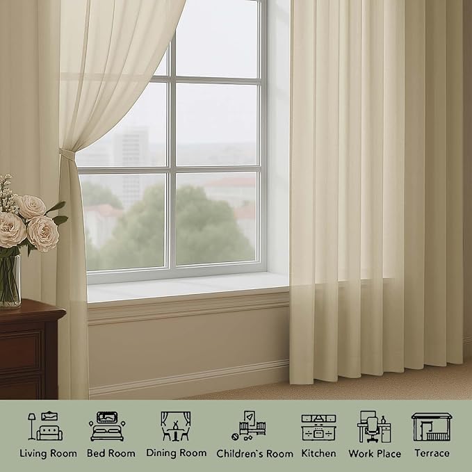 Taupe Sheer Curtains 72 Inches Long 2 Panels Set, Transparent Voile Sheer - Image 3