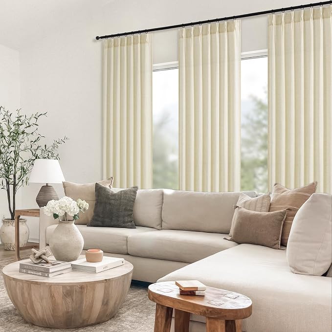 96 Inches Long Pinch Pleated Semi Sheer Curtains, Cream Linen Blended Light - Image 8