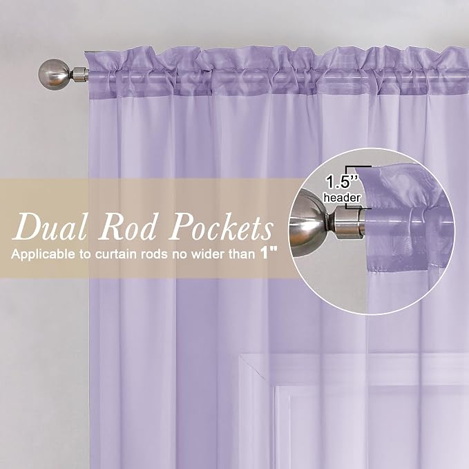 Light Filtering Lavender Sheer Curtains 63 Inch Length 2 Panels, Solid - Image 2