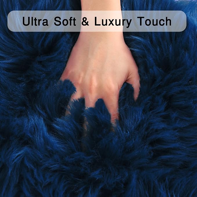 Navy Blue Faux Fur Sheepskin Round Rug 4x4 ft, Fluffy Shag Circle Rug | Shag - Image 4