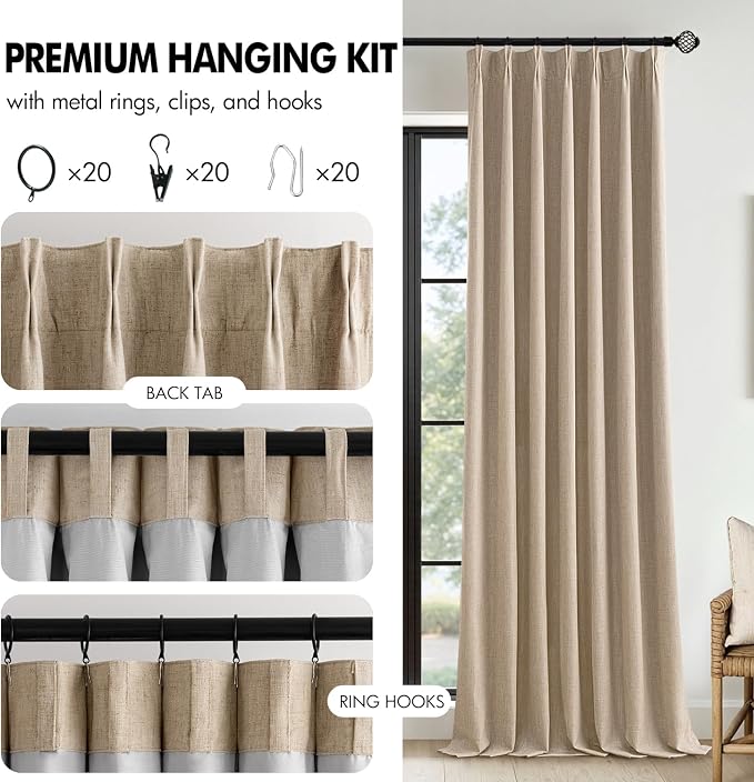 MIULEE Taupe Pinch Pleated 100% Blackout Linen Curtains 40x108 Inches | Room - Image 8