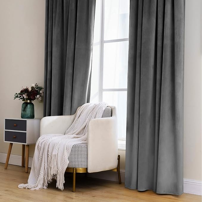 MIULEE Grey Velvet Curtains 52x90 inches 2 Panels Luxury Blackout Curtains | - Image 7
