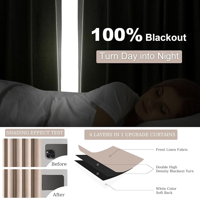 Topfinel Natural Beige Linen Blackout Curtains 2 Panels 63 Inch - Image 3