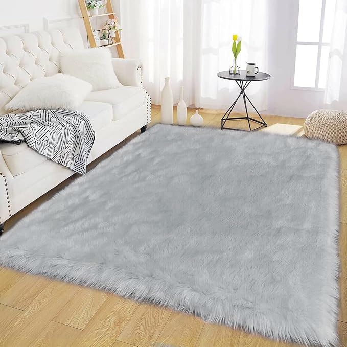 Latepis Gray Rugs for Living Room 5x6.7 Fluffy Shag Rug Washable Faux Fur Fuzzy by Latepis