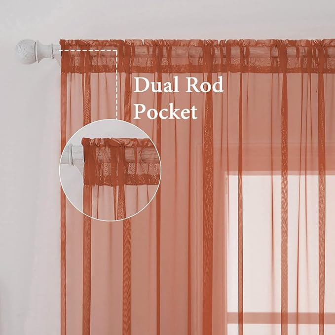 MIULEE Fall Burnt Orange Sheer Curtains 54 X 90 Inches, 2 Panels | Solid Color - Image 2