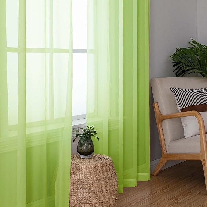 Lime Sheer Curtains 84 Inches Long 2 Panels, Solid Voile Light Filtering Long - Image 2