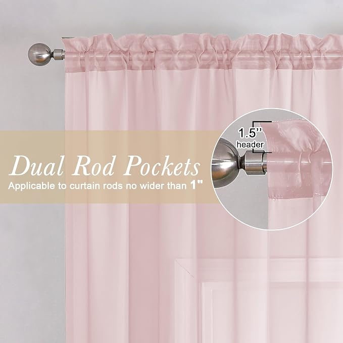 Blush Pink Sheer Curtains 120 Inches Long 2 Pcs, Rod Pockets Voile Living Room - Image 6