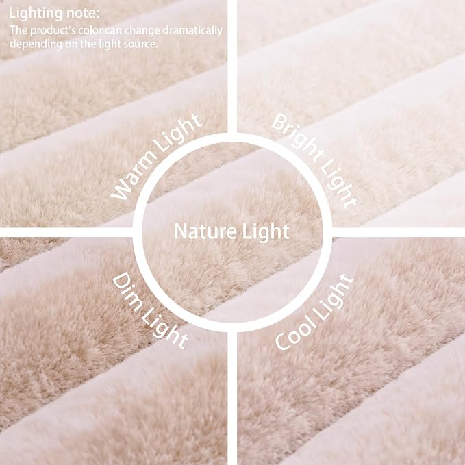Creamy White Rabbit Striped Plush Rug 5'x8', Fluffy Faux Fur Shaggy Area Rug - Image 6