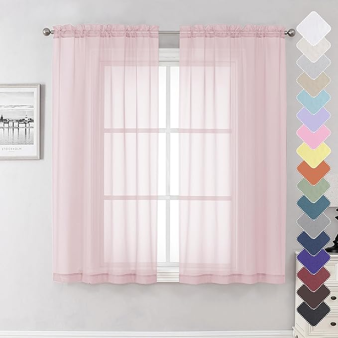 Blush Pink Sheer Curtains 63 Inch Length 2 Panels, Light Filtering Window Voile by Lecloud