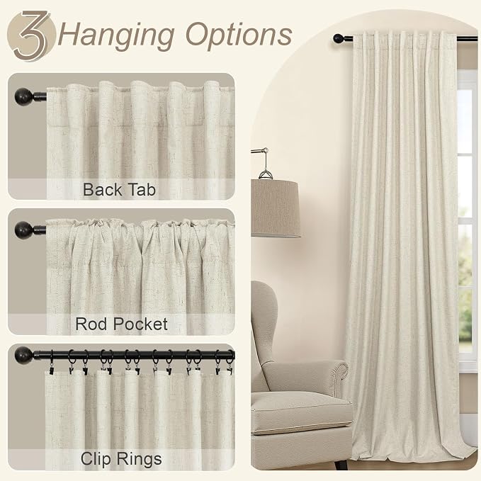 100% Blackout Neutral Curtains for Living Room 96 Inches Long 8 ft Faux Linen - Image 6