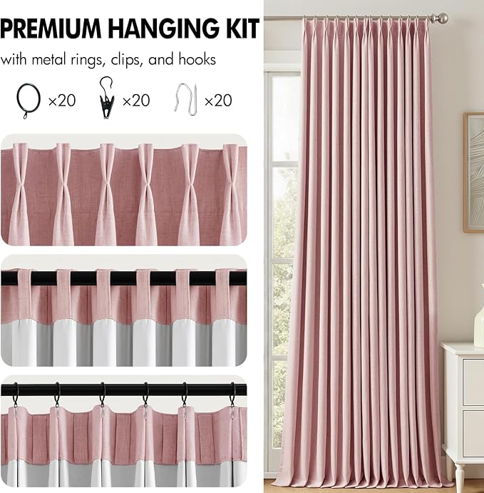 MIULEE Pink Pinch Pleated 100% Blackout Linen Curtains 40x102 Inches | Room - Image 8