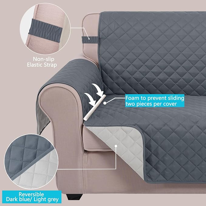 U-NICE HOME 4 Seater Sofa Cover 91''Large Couch Cover, Dark Blue/Light Grey | - Image 3