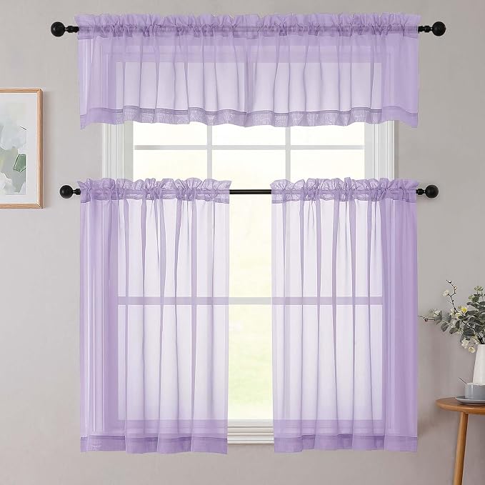 Kitchen Curtains 24 Inch Length Tier 2 Pieces, Lavender Sheer Curtain Solid - Image 8