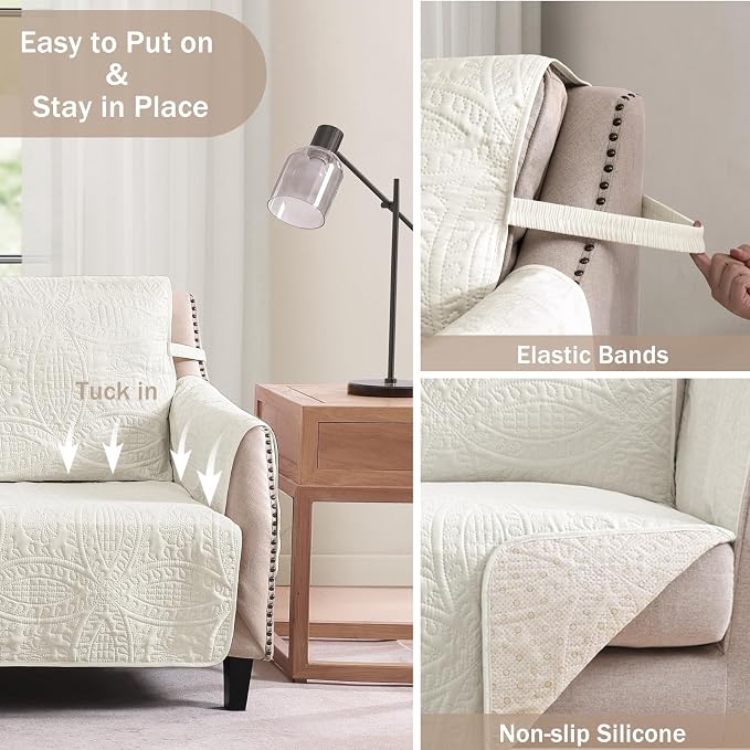 Quilted Recliner Chair Covers, Water-Repellent Slipcovers, Off White Recliner - Image 3