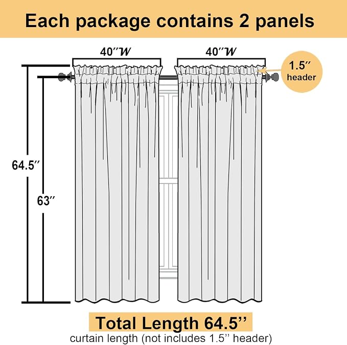 Yellow Sheer Curtains 63 Inch Length 2 Panels, Light Filtering Voile Curtain - Image 3