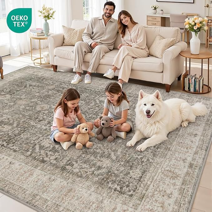 5x7 Area Rugs Living Room: Bedroom Washable Carpet Warm Taupe | Large Vintage - Image 8