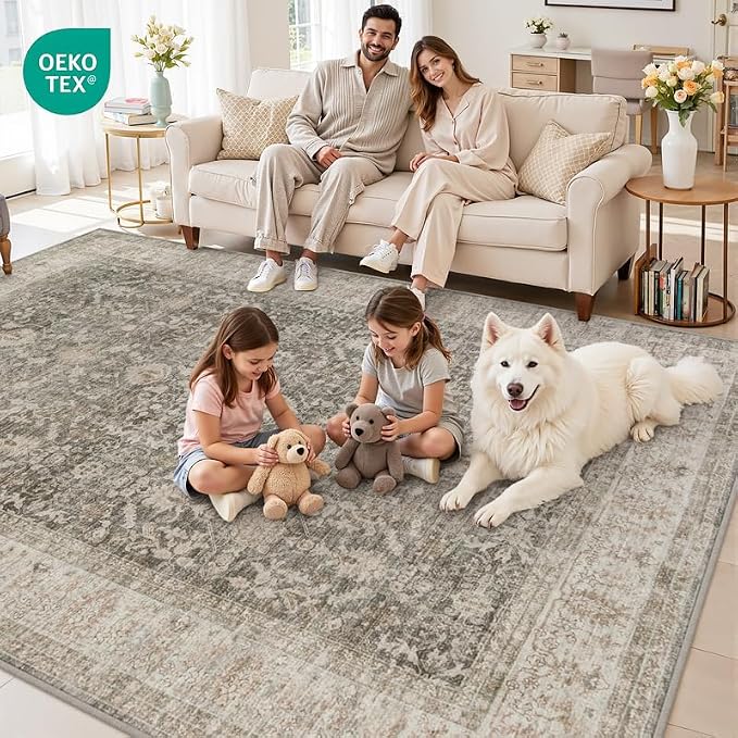 8x10 Area Rugs Living Room: Bedroom Washable Carpet Warm Taupe | Large Vintage - Image 7
