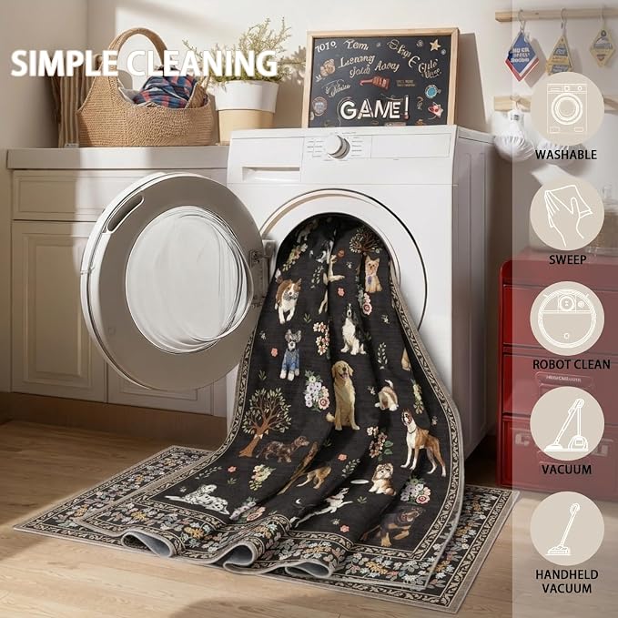 Black Floral Area Rug 9x12 for Living Room Bedroom | Low Pile; Non Slip;Machine - Image 7