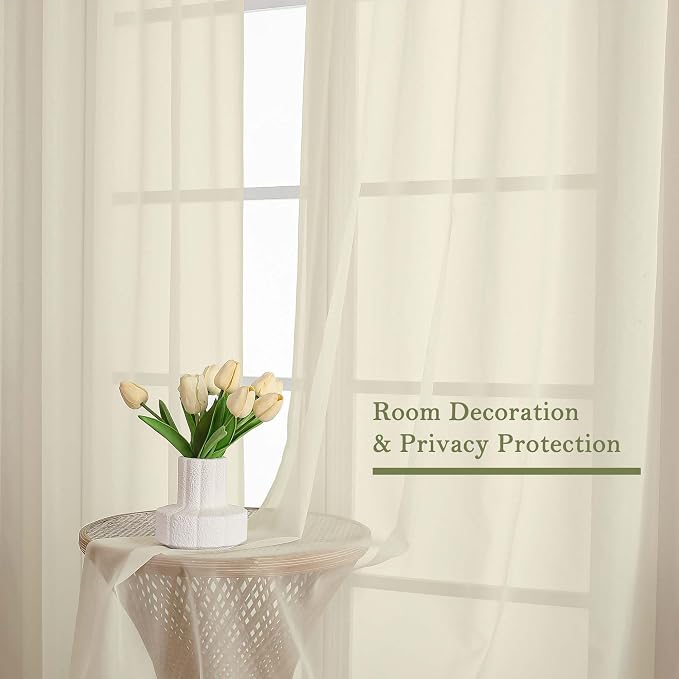 Cream Sheer Curtains 108 Inches Long 2 Pcs, Dual Rod Pocket Home Decor Living - Image 4