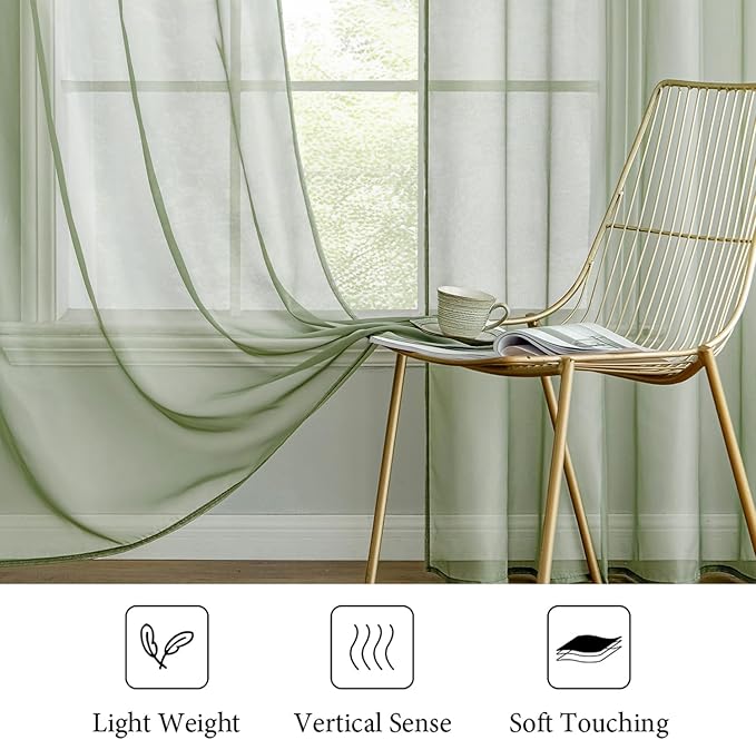 MIULEE Sage Green Sheer Curtains 54 X 63 Inches, 2 Panels | Elegant Window - Image 4