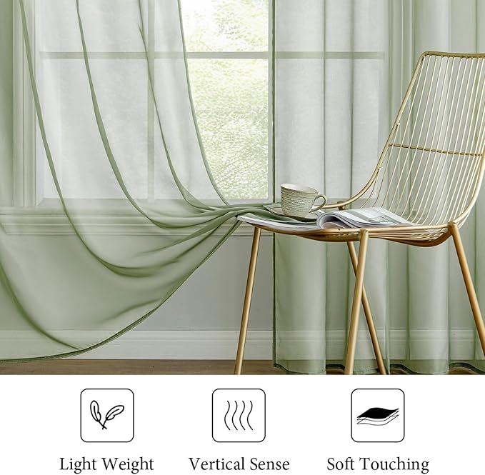 MIULEE 2 Panels Sage Green Sheer Curtains 90 inches Long, 54 X 90 Inches | Rod - Image 4