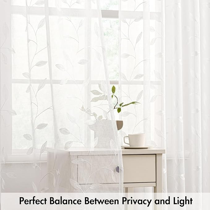 MIULEE White Sheer Curtains 2 Panels Embroidered Leaf Patterned, W52 x L84 | - Image 5