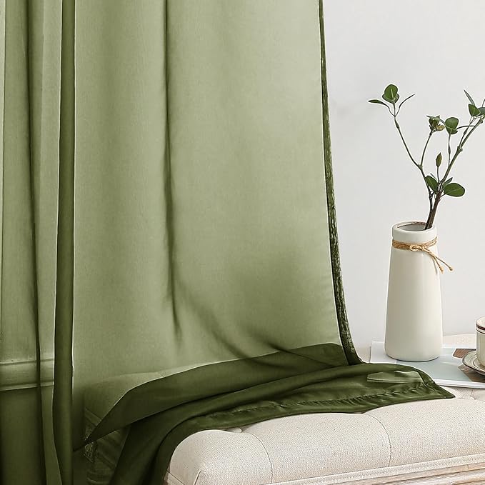MIULEE Olive Green Sheer Curtains 54 X 63 Inches, 2 Panels | Solid Color - Image 4