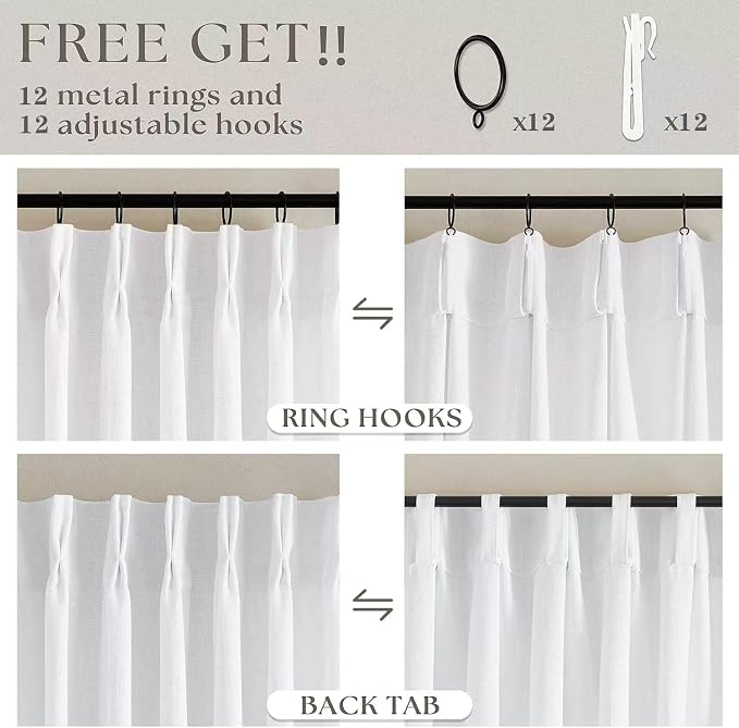 Snow White Pinch Pleat Semi Sheer Linen Curtains W70xL96 1 Panel | Light - Image 4
