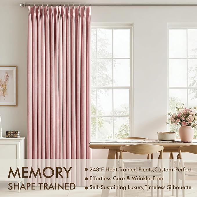 MIULEE Pink Pinch Pleated 100% Blackout Linen Curtains 40x108 Inches | Room - Image 3