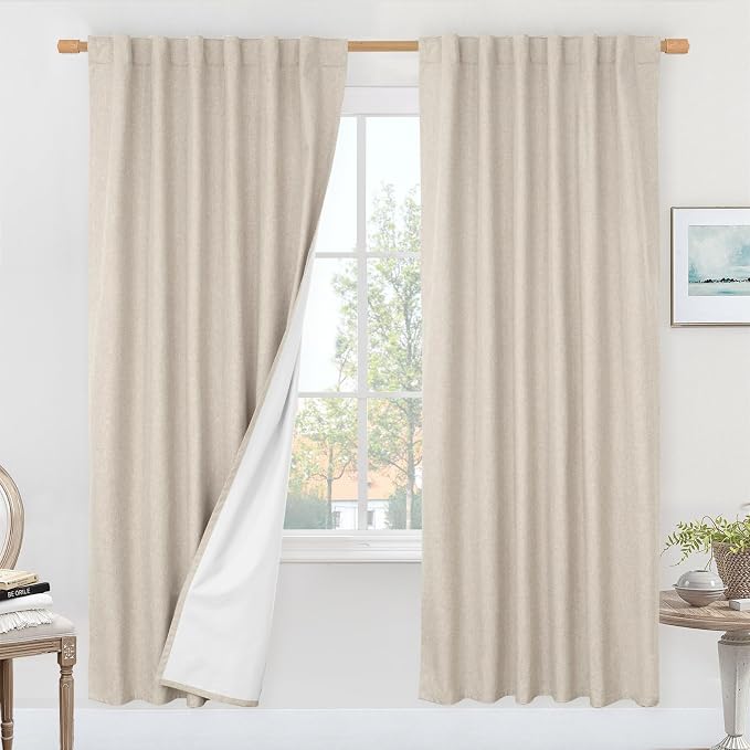 100% Blackout Oatmeal Linen Curtains 80 Inches by LAMIT