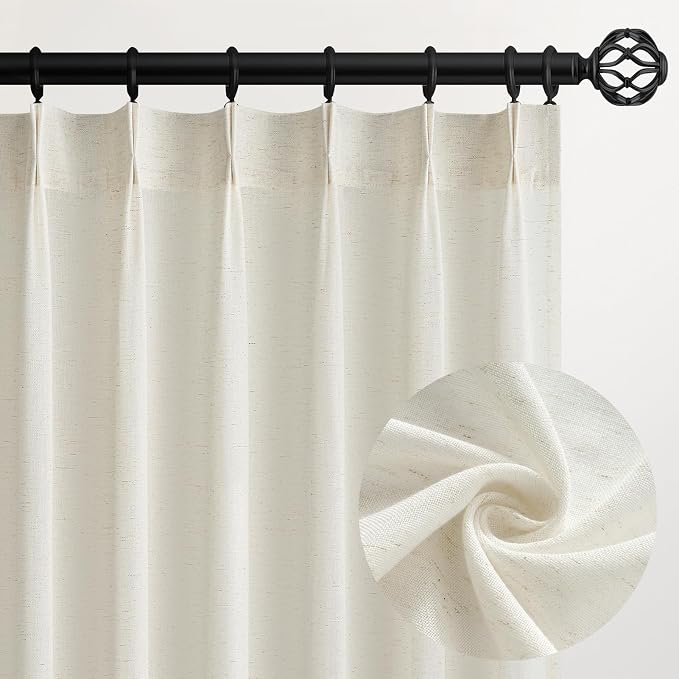 96 Inches Long Pinch Pleated Semi Sheer Curtains, Natural Linen Blended Light by Topfinel