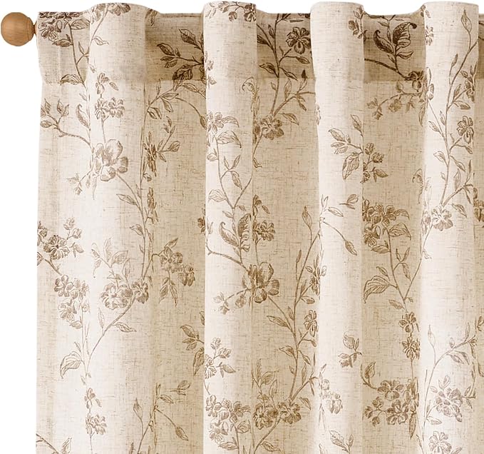 Taupe Vintage Floral Linen Curtains Farmhouse 38W X 96L 2 Panels | Elisa Series by Lazzzy