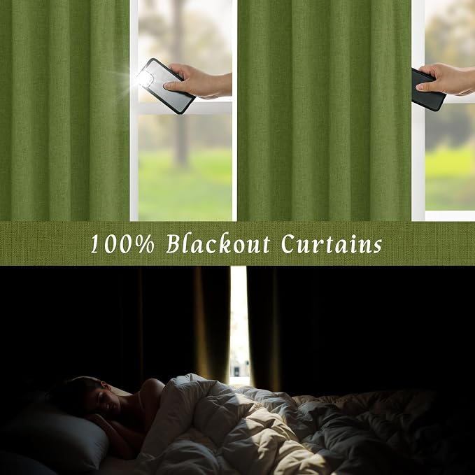 Sage Green 100% Blackout Linen Curtains 80 Inch - Image 4