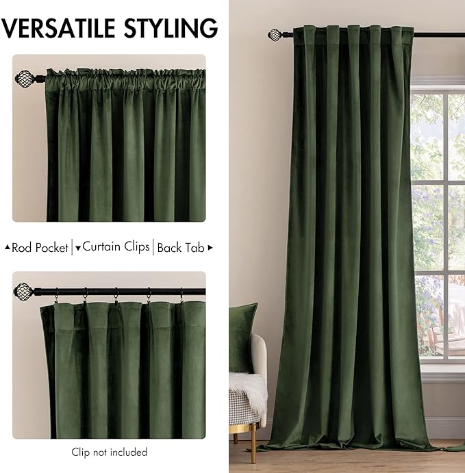 MIULEE Velvet Curtains 52x92 inches 2 Panels Olive Green Blackout Curtains | - Image 2