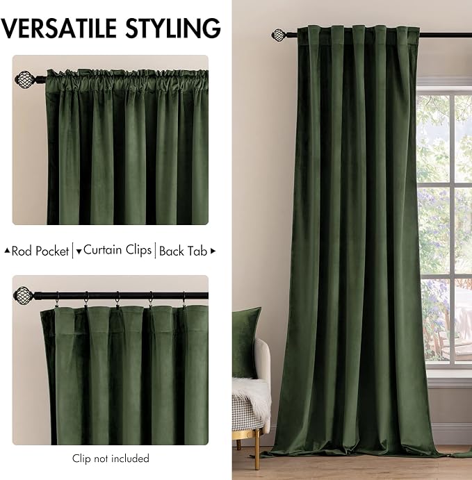 MIULEE Velvet Curtains 52x100 inches 2 Panels Olive Green Blackout Curtains | - Image 2