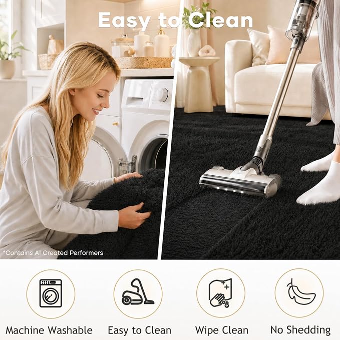 Ophanie Black Area Rugs for Bedroom Living Room, 4x6 Fluffy Fuzzy Shag Shaggy - Image 5