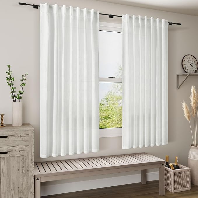 White Linen Curtains for Living Room 60 inch Length Light Filtering Semi Sheer - Image 8