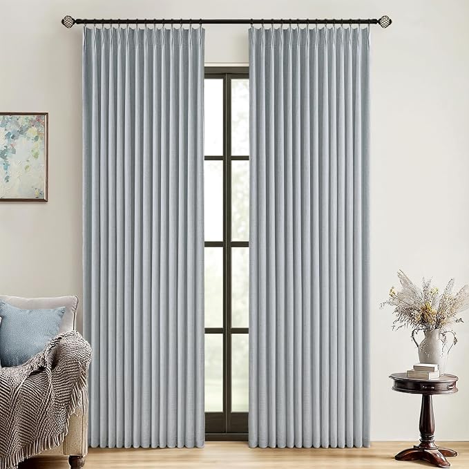 MIULEE Grayish Blue Pinch Pleated 100% Blackout Linen Curtains 40x84 Inches | by MIULEE