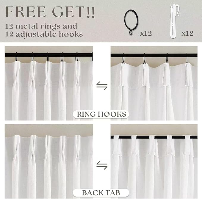 Beige White Pinch Pleated Linen 96 Inch Curtains 60 Inch Width | Linen Blend - Image 4